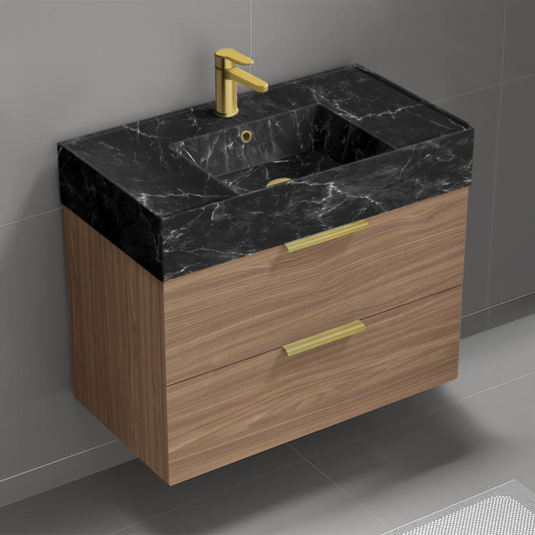 Nameeks DERIN889 Walnut Bathroom Vanity With Black Marble Design Sink, Wall Mounted, Single, 32 Inch, Modern